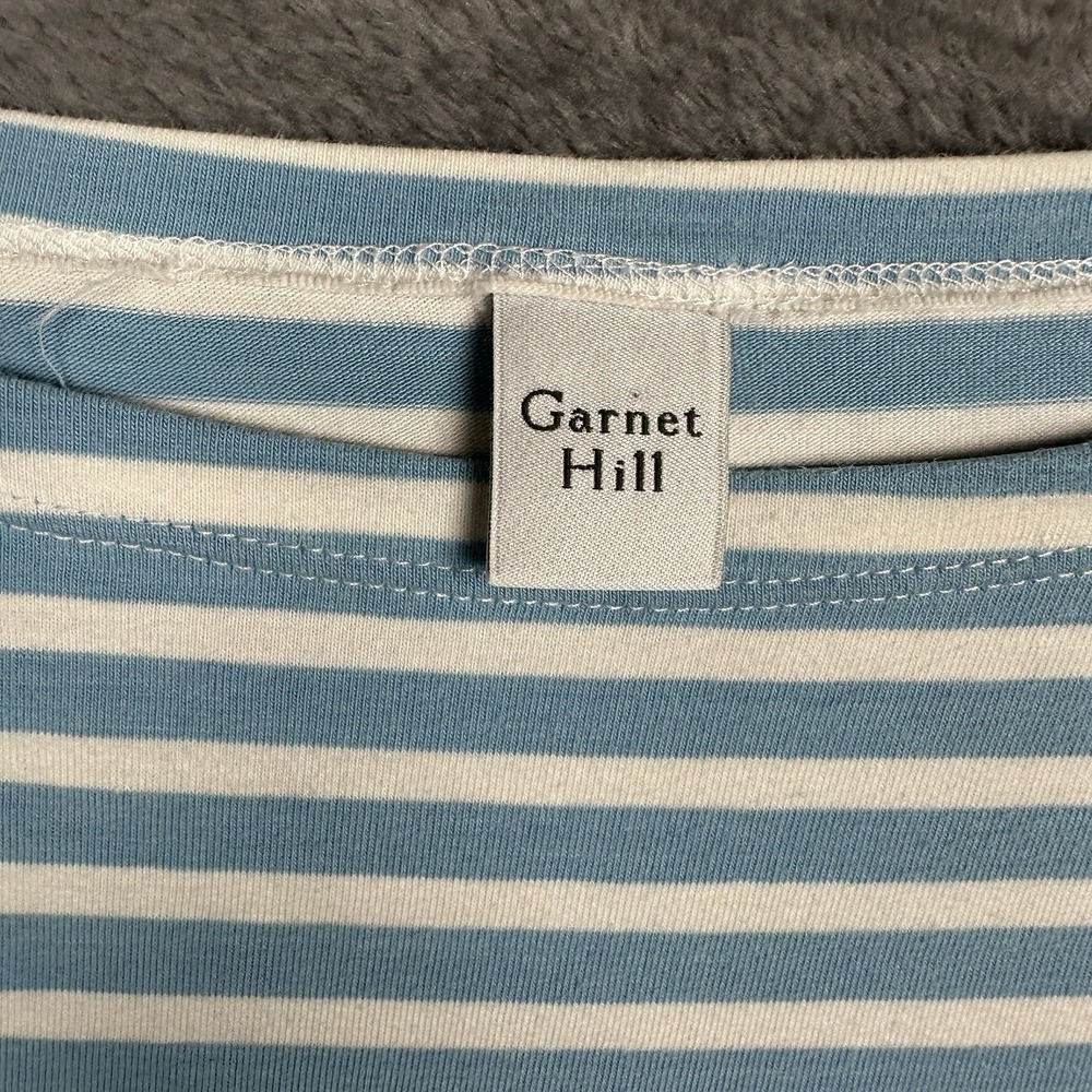 Garnet Hill Top Shirt Large Blue White Stripe Pima Cotton Boatneck Long Sleeve - Picture 4 of 10